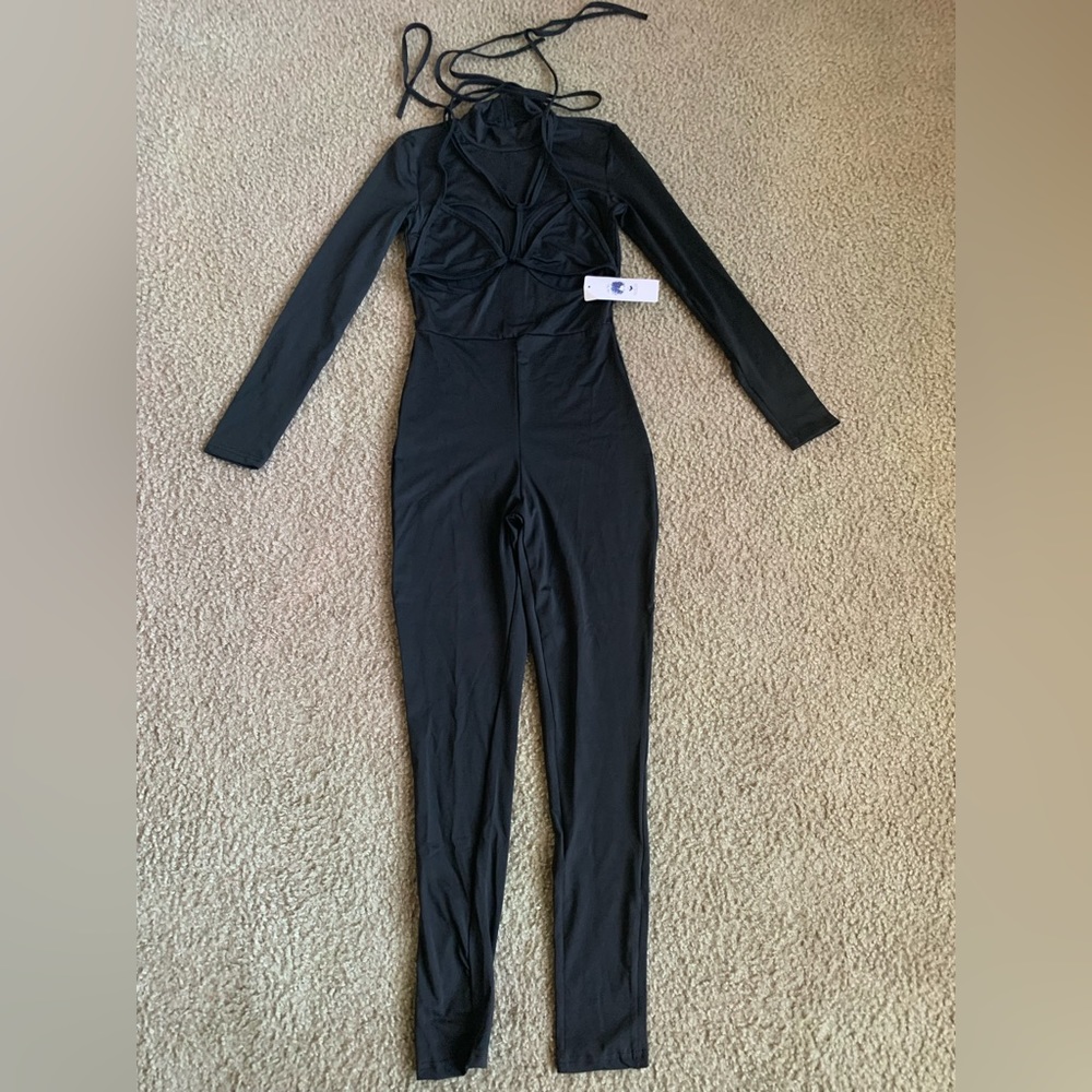 Do My Self Solid Black Show Breast Jumpsuit